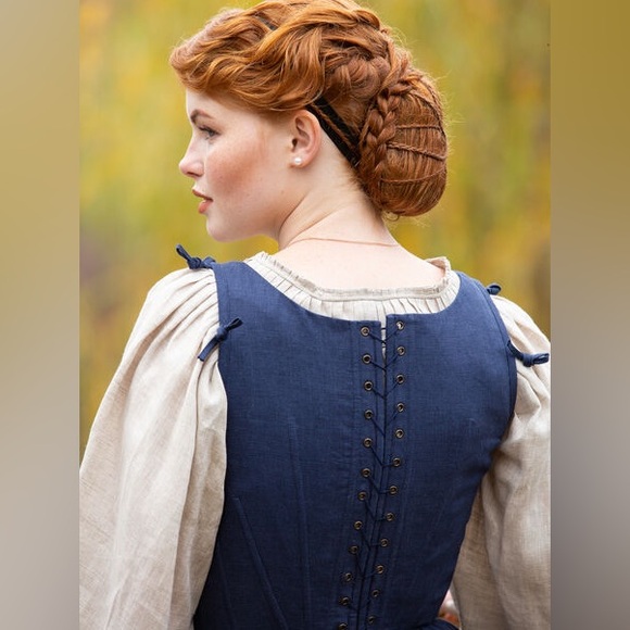 NWOT Armstreet German Rose Corset Dress in blue linen - Picture 5 of 10